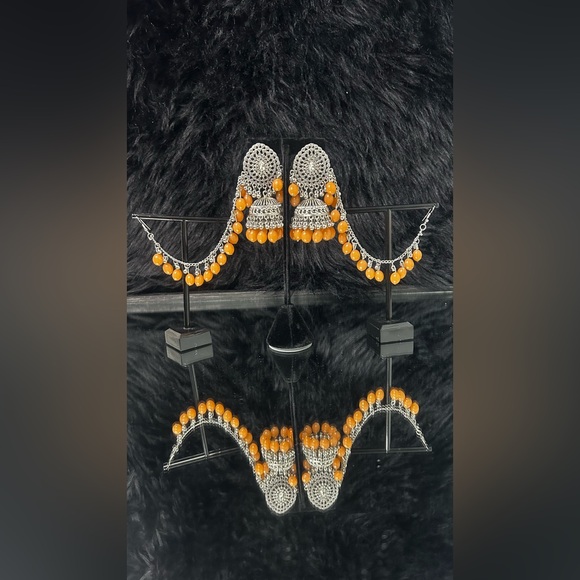 Silver With Peach Pearls Oxidized Jhumkas With Side layers. - Picture 3 of 6